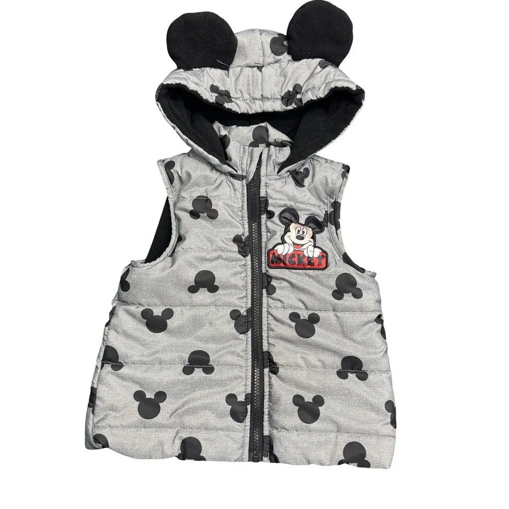 Disney Mickey Mouse Puffer Vest Toddler 2T Gray Black Kids Outerwear